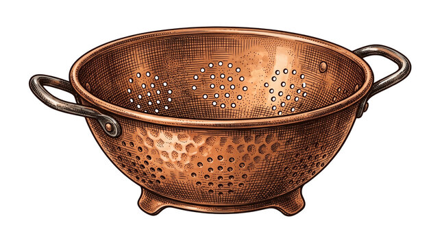 A copper colander with a hammered texture and two handles on transparent background