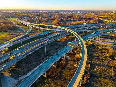 Aerial View of I64 Highway Traffic at Sunset East St Louis Illinois