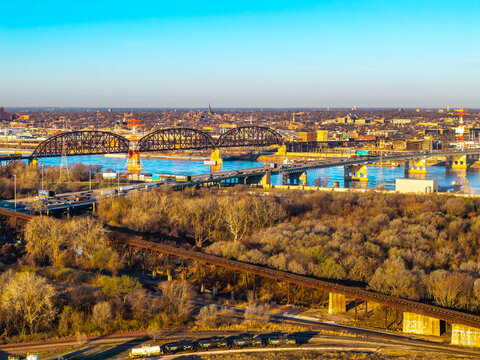 Aerial View of Mississippi River Bridges at Sunrise Missouri Illinois