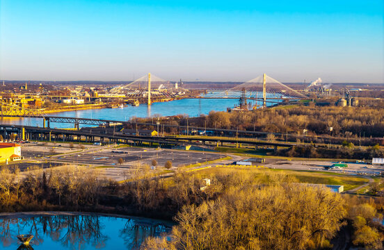 Aerial View of Mississippi River Bridges at Sunrise Missouri Illinois