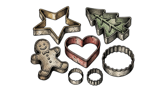 A collection of metal cookie cutters in various shapes on transparent background