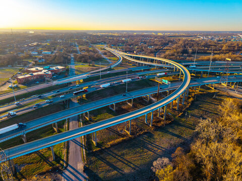 Aerial View of I64 Highway Traffic at Sunset East St Louis Illinois