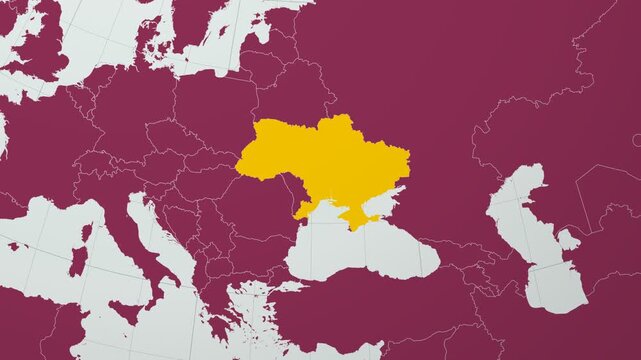 Ukraine map. Animated zoom into the country on the Globe in Pale Mint Dark Pink color palette. Country logo animation with round text and airplanes. Map with meridians, parallels. Vibrant video.