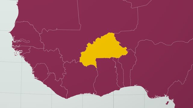 Burkina Faso map. Animated zoom into the country on the Globe in Pale Mint Dark Pink color palette. Country logo animation with round text and airplanes. Map with meridians, parallels.