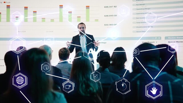 Businessman hosting panel discussion on financial sector trends using digital screen and AR visualization. Presenter doing keynote economics presentation, showing candlesticks charts, HUD overlay