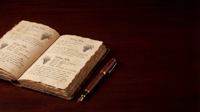 Open wine tasting journal with fountain pen on a dark wooden table.