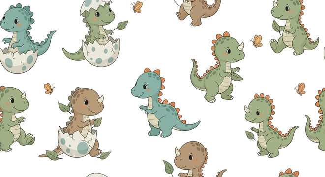 Cute cartoon dinosaurs and hatchlings with butterflies and eggs on white background