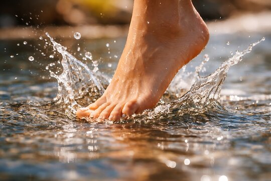 A close-up shot of a person's bare foot stepping into clear water, creating a splash.
