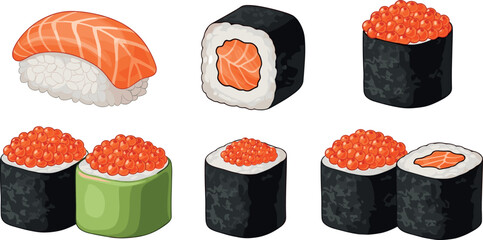 Assorted Japanese sushi set with salmon nigiri maki rolls and red caviar gunkan isolated on light background vector illustration © Yevhenii creative