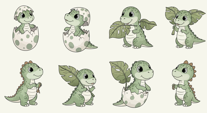 Cute cartoon dinosaurs hatching from eggs and playing with leaves