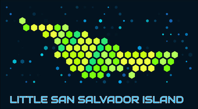 Little San Salvador Island hexagon dots map. Digital style boundary shape. Little San Salvador Island map and title. Large green colored hexagons, sparse blue dots at background. Vector Illustration.