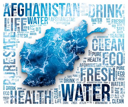 Afghanistan. Water concept illustration. Silhouette of the country. Word cloud with blue, marbled water texture. Afghanistan shape with related tag words. Classy illustration.