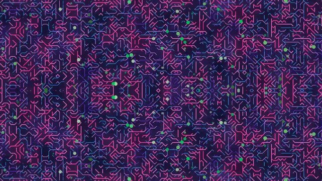Abstract digital circuit board animation with neon pink and blue lines and green nodes. Cyberpunk tech background for VJ loops or sci-fi concepts.