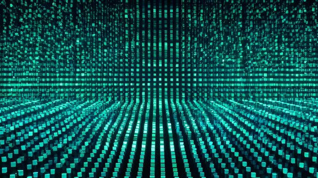 Abstract digital grid pattern with glowing turquoise cube matrix dark futuristic room, abstract digital cube field with glowing teal grid and dark perspective background, digital grid cube pattern