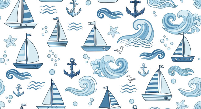 Nautical seamless pattern with sailboats anchors waves and sea elements in blue on white background