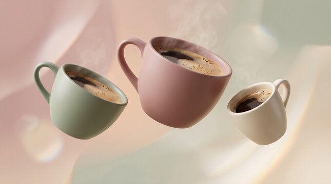 Three steaming coffee cups float in air with soft pastel background
