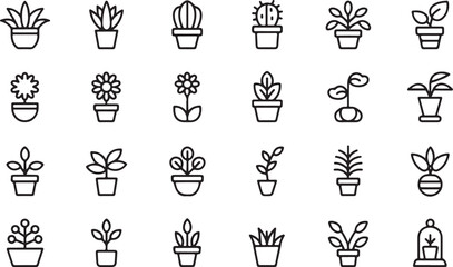 Fototapeta premium Houseplants and Botanical Garden Line Icon Set Featuring Potted Plants, Flowers, and Succulents