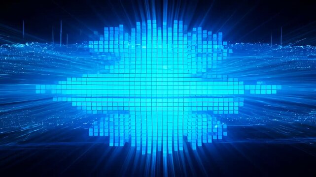 Futuristic digital grid cloud icon glowing blue abstract data background with green abstract sphere and neon pattern, cyber light burst energy wave, pixel grid design