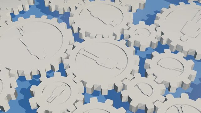 人々が描かれた歯車の仕組みが回転する社会のイメージ　3Dアニメーション