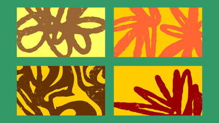 Obraz premium Set of four summer abstract backgrounds with floral and sun shapes. Creative hand drawn patterns in warm colors for seasonal promotions and tropical themed design projects.