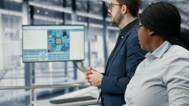Woman and coworker monitoring automated semiconductor production lines in industry 4.0 factory. Teamworking colleagues review microchips plant analytics, tracking supply chain, camera B