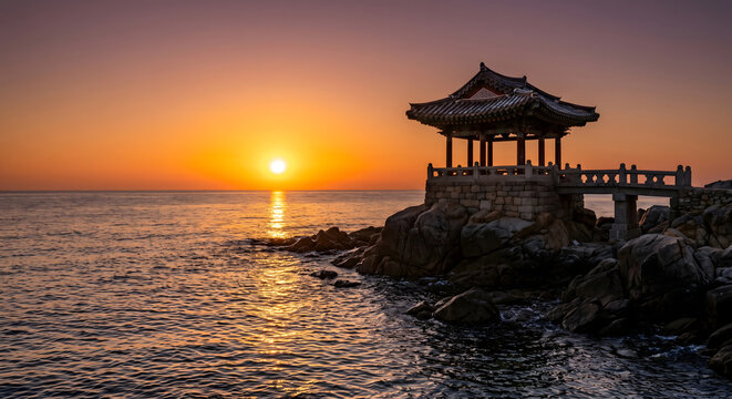 속초 영금정 바위 정자 위로 떠오르는 초여름의 장엄한 일출과 황금빛으로 물든 동해 바다 수평선 풍경