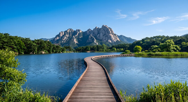 맑은 초여름 낮 속초 영랑호 호수윗길 부교 위에서 바라본 웅장한 설악산 울산바위와 푸른 하늘의 광각 풍경
