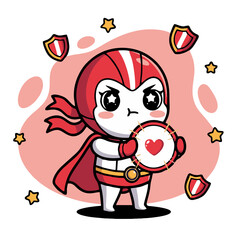 Fototapeta premium Cute chibi superhero character in red and white costume holding a shield with a heart emblem, surrounded by stars and smaller shields.