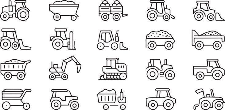 Set of tractor and combine harvester vector icons, farm machinery with trailers, agricultural equipment for cultivation.