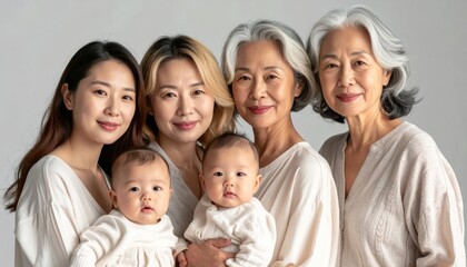 Obraz premium Multi-generational Asian family portrait with babies and elders.