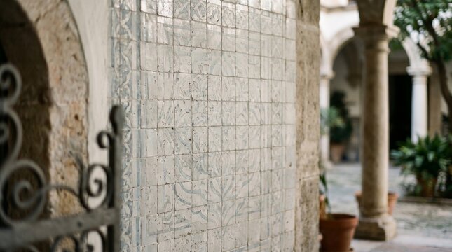 A close-up view of a tiled wall with decorative ironwork in an outdoor courtyard setting with potted plants and columns.