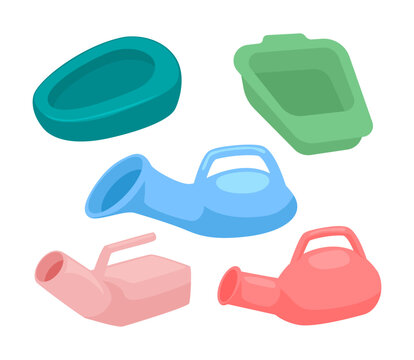 Different types of bedpan or vessel toilet for bedridden patient. Receptacle for urine toilet or chamber pot. Portable toileting or urination defecation. Flat vector illustration.