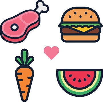 Set of colorful food icons featuring a meat bone, a cheeseburger, a fresh carrot, a slice of watermelon, and a small pink heart symbol