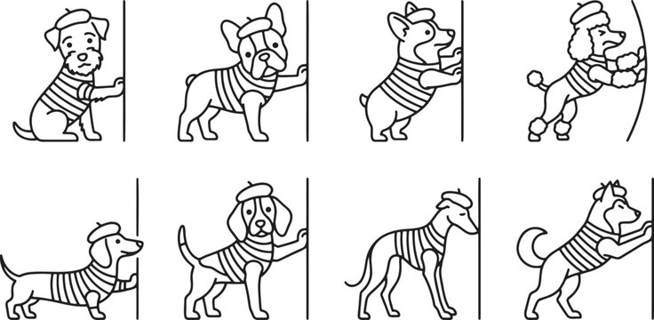 Humorous French style dogs wearing berets and striped shirts acting as mimes