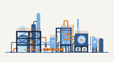 Obraz premium Hydrogen production plant with industrial facilities and pipelines.