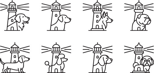Fototapeta premium Creative dog silhouettes combined with nautical lighthouse symbols for navigation