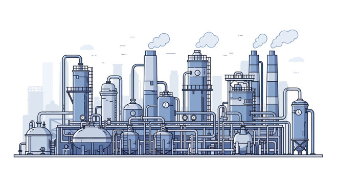 Industrial factory complex with multiple processing units and smoking chimneys.