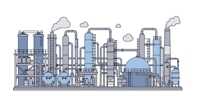 Industrial factory complex with multiple processing units and smokestacks.