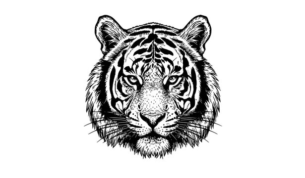 Sumatran tiger portrait in black and white line engraving style detailed wildlife vector isolated on white