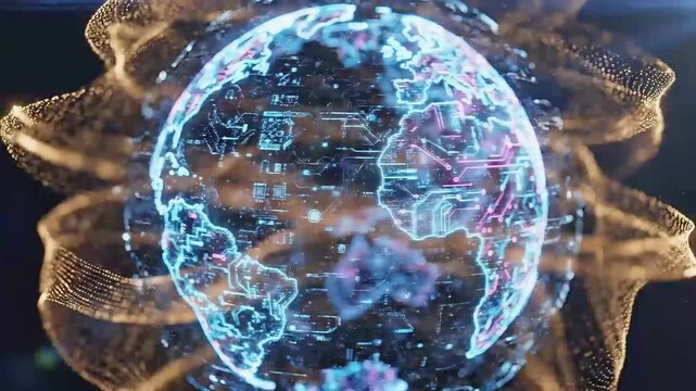 Animated digital globe with glowing continental lines illustrating global connectivity, modern technology networks, data communication, and futuristic worldwide infrastructure