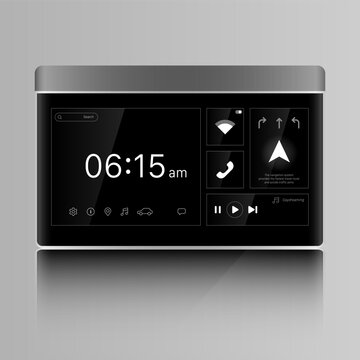 Dark automotive dashboard interface with navigation and media controls