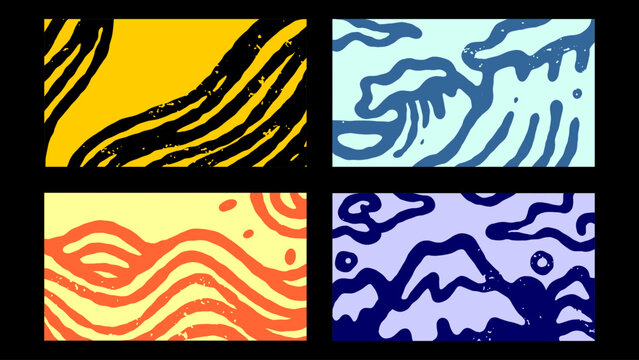 Collection of four abstract landscape backgrounds featuring mountains and waves. Minimal nature scenery set for travel outdoor and adventure themed creative design projects.