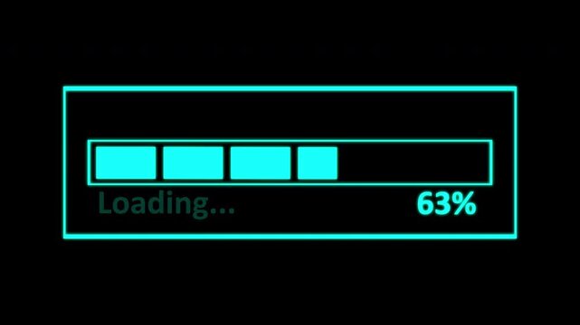 Cinematic Glitchy Cyberpunk Loading screen. High-intent progress bar for tech intros, data upload VFX, and sci-fi video editing.