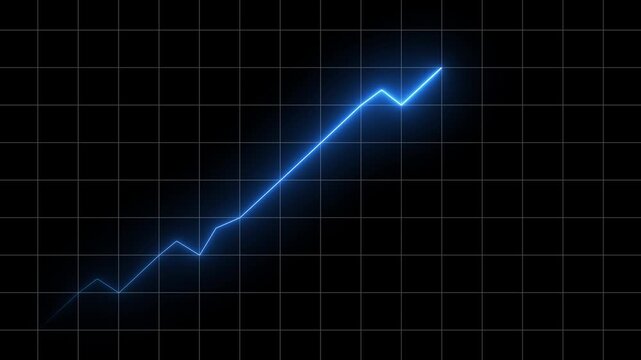 Dynamic blue neon line chart ascends sharply against a dark digital grid background, signifying growth and success in a modern business presentation.