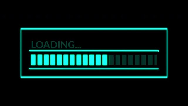 High-Tech Cyberpunk Loading screen. Glitchy data transfer progress bar for futuristic software promos and sci-fi UI elements.