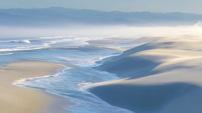 Serene light-colored sand forming gentle ocean waves under a hazy blue sky