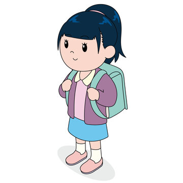 ランドセルを背負った女の子　アイソメトリック