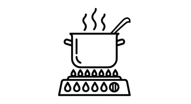 Professional vector illustration of a cooking pot placed on a lit gas stove burner displaying steam rising for culinary website design or food menu graphic projects