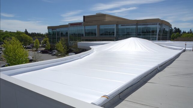Modern Commercial Building With Smooth White EPDM Rubber Membrane Roofing Under Blue Sky