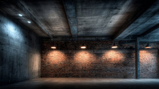 Raw concrete ceiling and brick wall illuminated by warm industrial lighting in an interior space